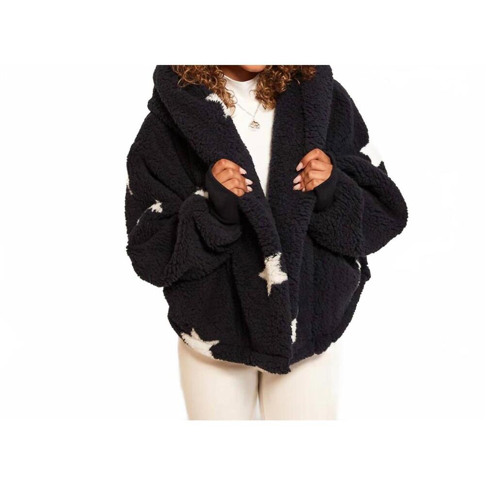 NEW JILL MARTIN classic cropped stars sherpa lounger jacket in navy